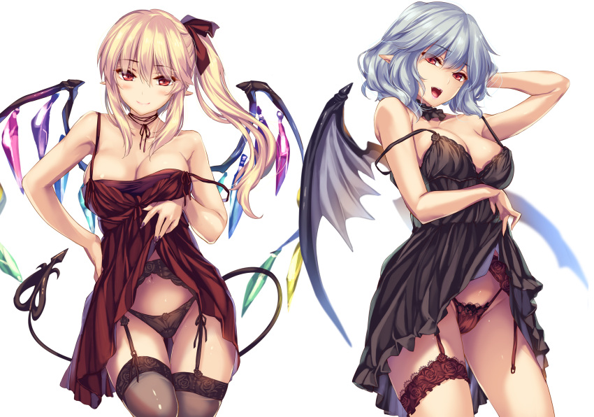 2girls alternate_costume bangs bare_arms bare_shoulders bat_wings black_legwear black_panties blonde_hair blue_hair breasts choker cleavage closed_mouth clothes_lift collarbone cowboy_shot crystal detached_collar dress dress_lift eyebrows_visible_through_hair fangs fingernails flandre_scarlet floral_print garter_belt hair_between_eyes hair_ribbon hand_on_hip head_tilt highres laevatein_(tail) large_breasts leg_garter lifted_by_self lingerie lips long_hair looking_at_viewer moneti_(daifuku) multiple_girls nail_polish navel negligee off_shoulder older open_mouth panties pointy_ears purple_nails red_dress red_eyes red_ribbon remilia_scarlet ribbon ribbon_choker siblings side_ponytail simple_background sisters smile standing strap_gap strap_slip tail thigh-highs touhou underwear white_background wings