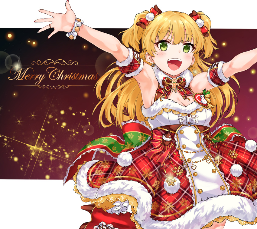 1girl :d absurdres armpits arms_up bangs bare_shoulders blonde_hair blush bow bowtie bracelet breasts brown_bow buttons cleavage cowboy_shot detached_sleeves dress eyebrows_visible_through_hair fur_collar gingerbread_man glint green_eyes hair_bow high_heels highres idolmaster idolmaster_cinderella_girls jewelry jougasaki_rika light_particles long_hair looking_at_viewer merry_christmas negative_space open_mouth outstretched_arms plaid_neckwear pom_pom_(clothes) puffy_short_sleeves puffy_sleeves red_bow red_dress red_footwear red_neckwear ring short_sleeves sirurabbit small_breasts smile solo standing standing_on_one_leg two_side_up upper_teeth
