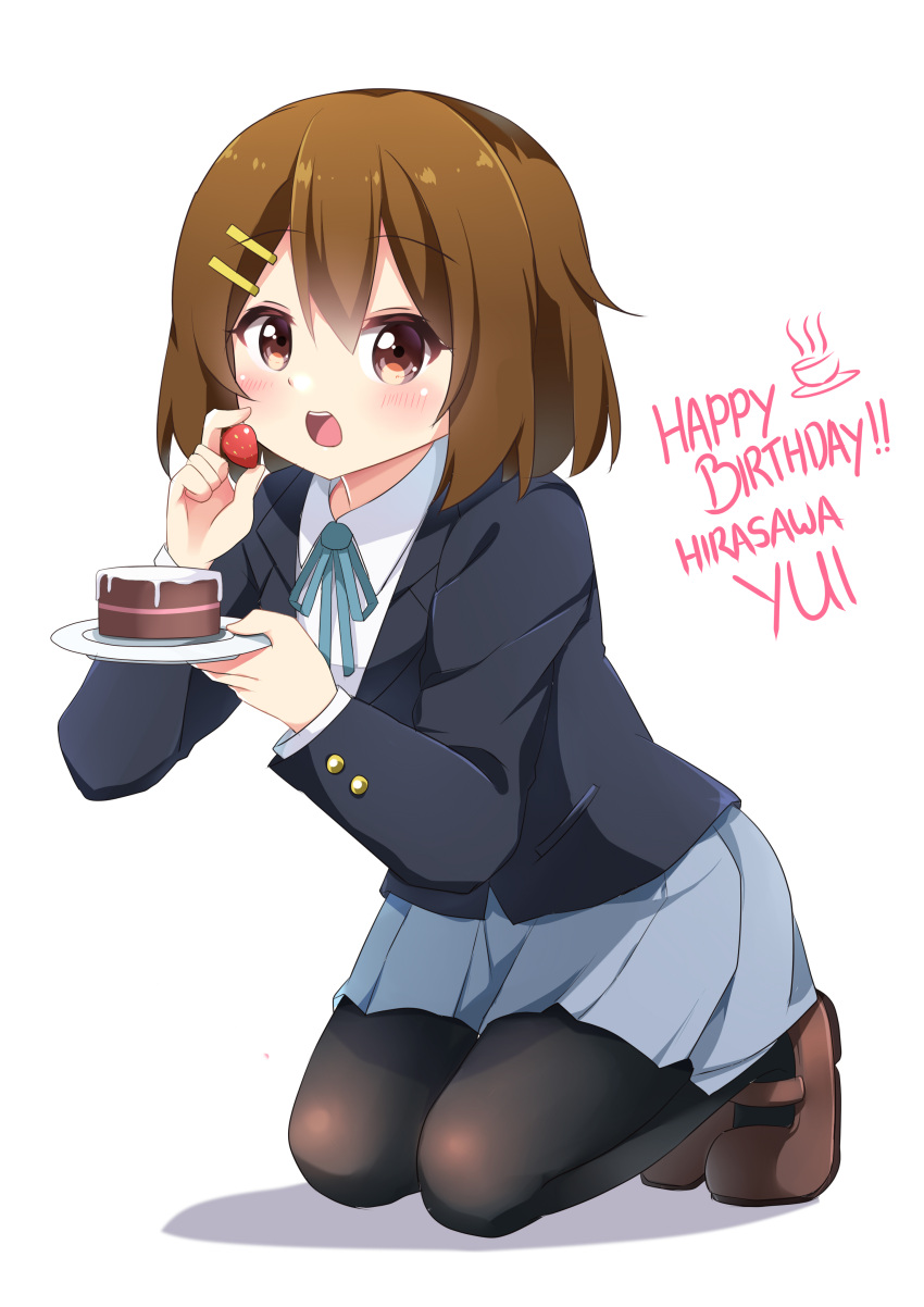 1girl absurdres agung_syaeful_anwar bangs black_jacket black_legwear blue_neckwear blue_ribbon blue_skirt blush brown_footwear brown_hair character_name collared_shirt commentary english_commentary english_text eyebrows_visible_through_hair food fruit hair_ornament hairclip highres hirasawa_yui holding holding_plate jacket kneeling long_sleeves looking_at_viewer neck_ribbon open_mouth pantyhose plate pleated_skirt red_eyes ribbon school_uniform shirt shoes short_hair simple_background skirt solo strawberry strawberry_shortcake white_background white_shirt wing_collar