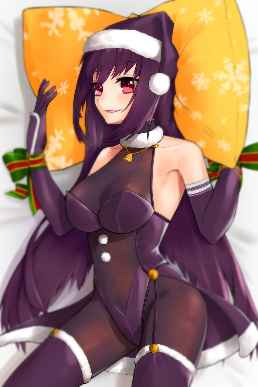 1girl :d absurdres adapted_costume bare_shoulders bed bell blurry bodysuit boots breasts christmas collarbone covered_navel elbow_gloves eyebrows_visible_through_hair fate/grand_order fate_(series) fur_trim garters gloves hat highres large_breasts long_hair looking_to_the_side lying misoca_30 open_mouth pillow pillow_grab purple_bodysuit purple_hair red_eyes ribbon santa_hat scathach_(fate)_(all) scathach_(fate/grand_order) smile snowflake_print solo thigh-highs thigh_boots wrist_ribbon