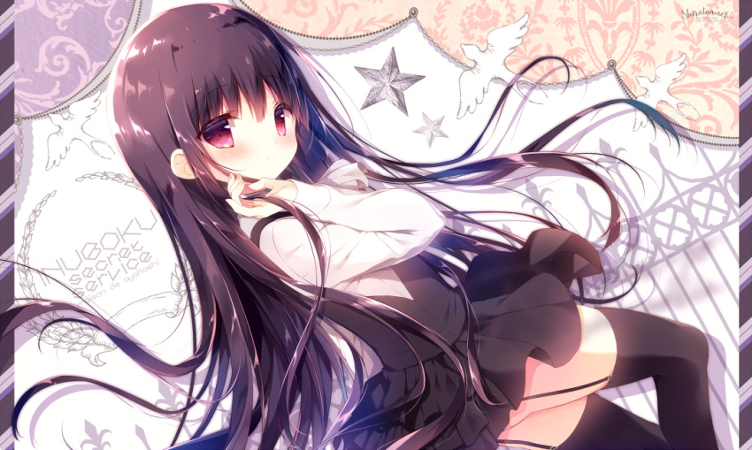 1girl animal ass bangs bird black_legwear black_skirt blush brown_hair closed_mouth commentary_request dutch_angle eyebrows_visible_through_hair fingernails formal garter_straps hair_between_eyes hand_up inu_x_boku_ss long_hair looking_at_viewer looking_to_the_side pleated_skirt red_eyes shirakiin_ririchiyo shiratama_(shiratamaco) skirt solo star suit thigh-highs very_long_hair white_suit