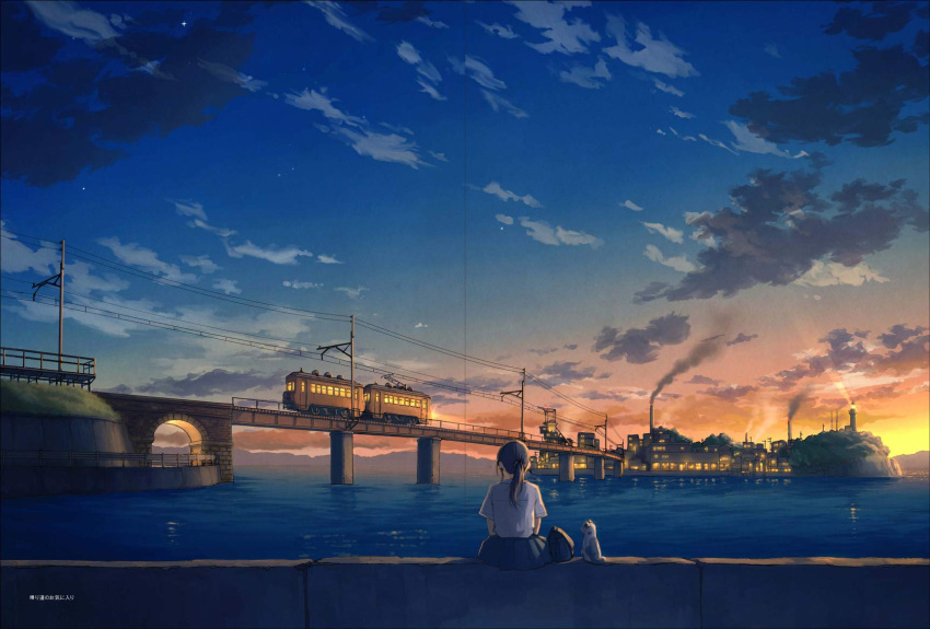 1girl arch bag blue_skirt blue_sky bridge cat city city_lights clouds facing_away from_behind ground_vehicle highres lighthouse long_hair mountainous_horizon ocean original outdoors pleated_skirt pochi_(poti1990) ponytail power_lines scenery school_bag school_uniform shirt short_sleeves sitting skirt sky smoke solo sunset train water white_shirt