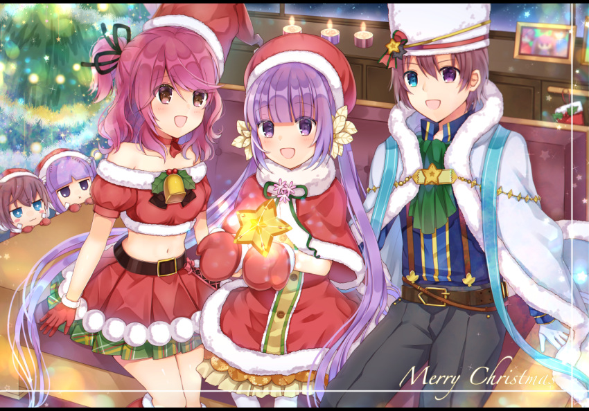 +_+ 2boys 3girls :d arm_support asbel_lhant bangs bare_shoulders bell belt belt_buckle black_pants blue_eyes blue_shirt blunt_bangs blurry blush breasts brown_hair buckle candle cape capelet character_request cheria_barnes chibi choker christmas_lights christmas_tree collarbone commentary_request couch crop_top dress eyebrows_visible_through_hair frilled_dress frills fur-trimmed_cape fur-trimmed_capelet fur_hat fur_trim gloves green_neckwear hat heterochromia indoors kneehighs letterboxed light_particles long_hair long_sleeves merry_christmas midriff miniskirt mistletoe mittens multiple_boys multiple_girls navel neck_ribbon off_shoulder on_couch one_side_up open_mouth pants picture_frame pink_hair pleated_skirt puffy_short_sleeves puffy_sleeves purple_hair red_capelet red_dress red_gloves red_hat red_skirt ribbon ribbon_choker santa_costume santa_hat shikino_(sikinonono) shirt shirt_tucked_in short_hair short_sleeves sidelocks sitting skirt small_breasts smile sophie_(tales) star suspenders tales_of_(series) tales_of_graces tilted_headwear twintails very_long_hair violet_eyes white_cape white_gloves white_hat white_legwear