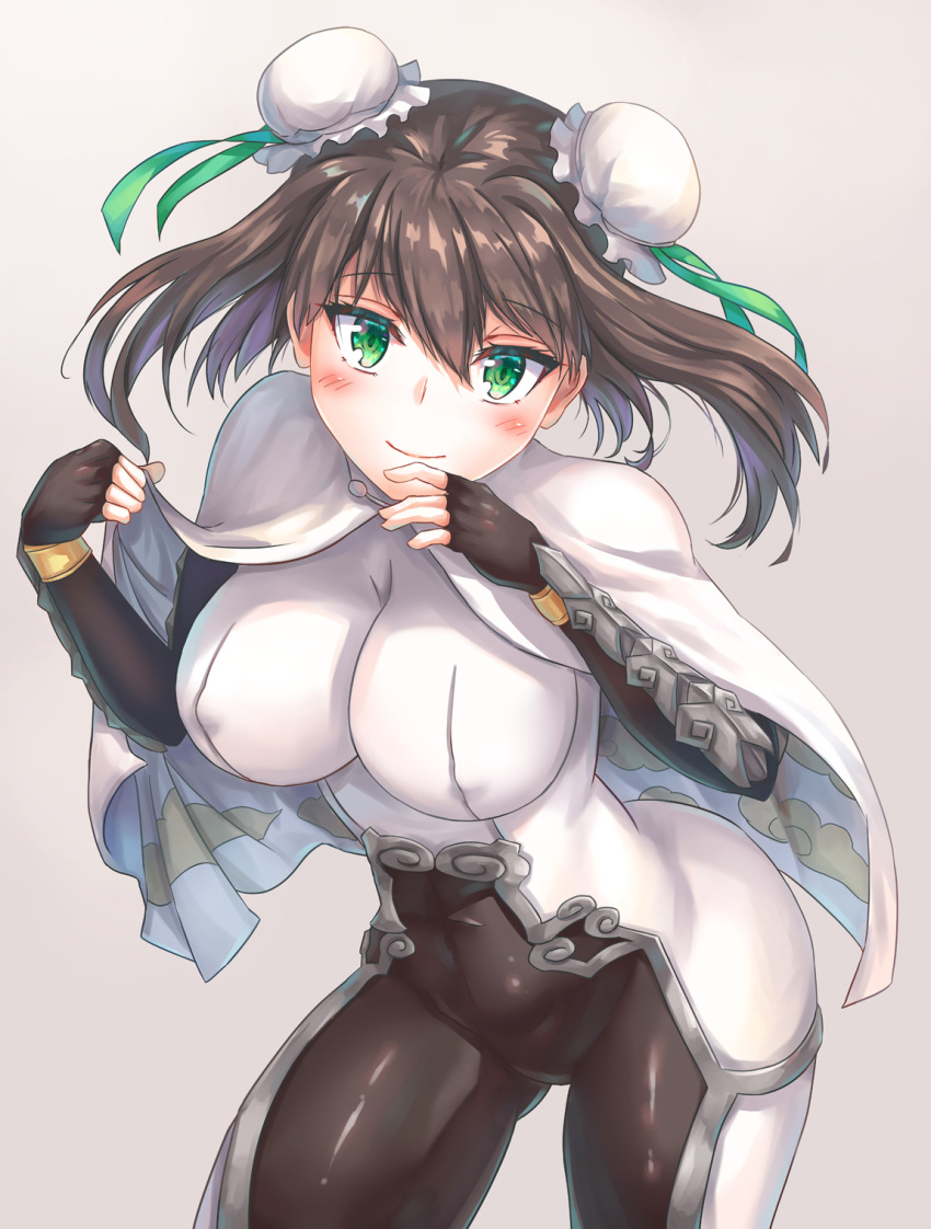 1girl arm_guards bangs black_gloves black_hair blush bodysuit breasts bun_cover cape chinese_clothes cloud_print commentary_request covered_nipples double_bun eyebrows_visible_through_hair fate/grand_order fate_(series) fingerless_gloves gloves green_eyes highres jiang_shennong medium_breasts qin_liangyu_(fate) sidelocks simple_background skin_tight smile solo standing white_bodysuit white_cape