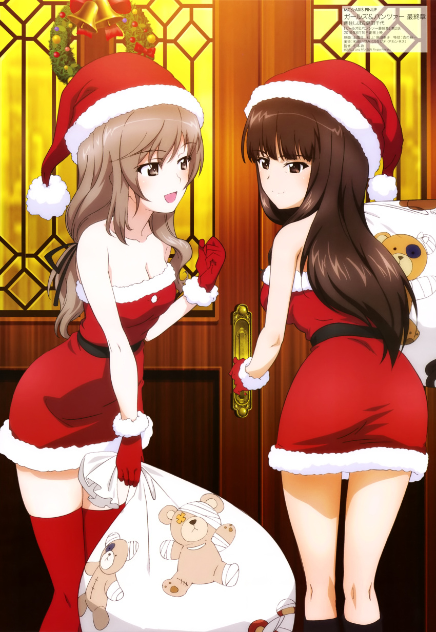 2girls absurdres bag bangs bell belt boko_(girls_und_panzer) bow breasts brown_eyes brown_hair christmas christmas_wreath cleavage clenched_hand door door_handle doorway dress eyebrows_visible_through_hair girls_und_panzer gloves hat highres hime_cut holding holding_bag looking_at_another medium_breasts milf multiple_girls nishizumi_shiho official_art open_mouth over_shoulder santa_costume santa_dress santa_gloves santa_hat shimada_chiyo smile socks thigh-highs wang_guo_nian window
