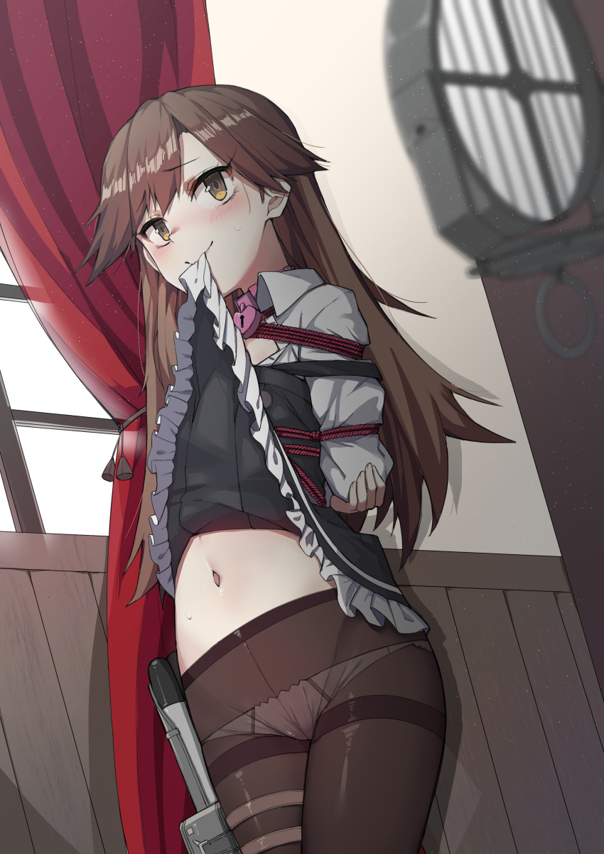 1girl absurdres arashio_(kantai_collection) arms_behind_back black_dress blurry blush brown_eyes brown_hair collared_dress curtains depth_of_field dress dress_lift dutch_angle heart_lock_(kantai_collection) highres indoors kantai_collection lifted_by_self lock long_hair midriff mouth_hold navel padlock panties panties_under_pantyhose pantyhose pinafore_dress shibari shibari_over_clothes solo standing sweatdrop tassel thighband_pantyhose torpedo underwear window wing_collar wulazula