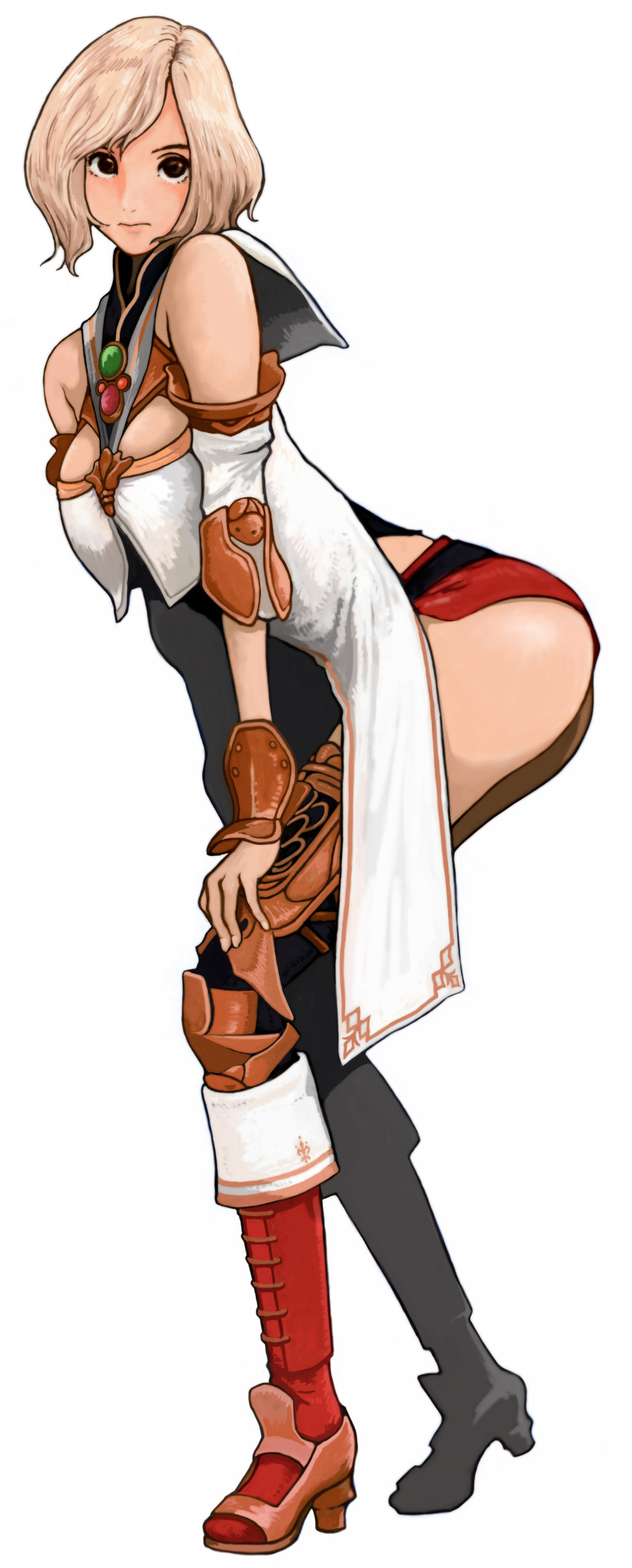 1girl absurdres ashelia_b'nargin_dalmasca ass bare_shoulders blonde_hair breasts brown_eyes commentary_request final_fantasy final_fantasy_xii high_heels highres large_breasts leaning_forward looking_at_viewer miniskirt short_hair skirt solo thigh-highs