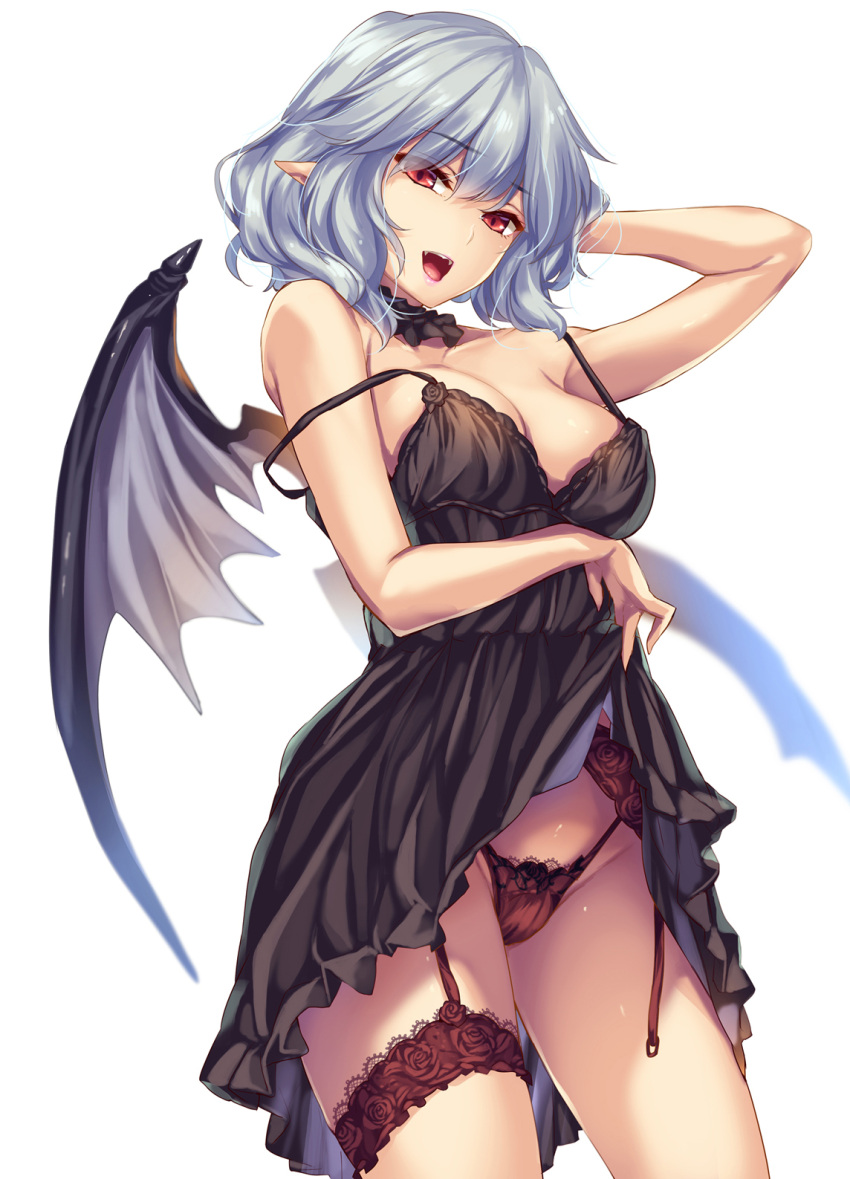 1girl alternate_costume bangs bare_arms bare_shoulders bat_wings blue_hair breasts clothes_lift cowboy_shot detached_collar eyebrows_visible_through_hair fangs floral_print garter_belt highres large_breasts leg_garter lifted_by_self lingerie lips looking_at_viewer moneti_(daifuku) negligee off_shoulder older open_mouth panties pointy_ears red_eyes red_legwear red_panties remilia_scarlet short_hair simple_background smile solo standing touhou underwear white_background wings