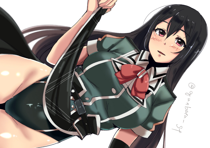 1girl black_eyes black_hair black_skirt bow bowtie breasts chikuma_(kantai_collection) chirashi_(so) collared_shirt competition_swimsuit cowboy_shot dutch_angle elbow_gloves eyebrows_visible_through_hair gloves green_skirt green_swimsuit hair_between_eyes kantai_collection large_breasts long_hair long_skirt one-piece_swimsuit pauldrons pelvic_curtain puffy_short_sleeves puffy_sleeves red_neckwear remodel_(kantai_collection) ribbon shirt short_sleeves side_slit single_elbow_glove single_glove skirt skirt_lift solo swimsuit swimsuit_under_clothes twitter_username