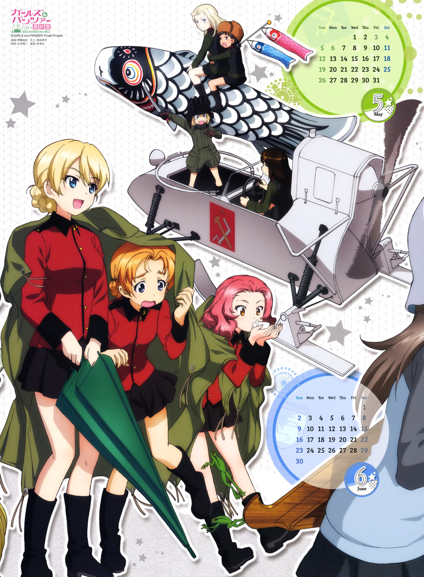 :d absurdres aerosani arms_around_waist artoria_pendragon_(all) bangs blonde_hair blue_eyes boots braided_bun brown_eyes brown_hair calendar_(medium) clara_(girls_und_panzer) cup darjeeling driving emblem eyebrows_visible_through_hair fang frog girls_und_panzer gloves grey_eyes hat high_heels highres holding holding_cup holding_sword holding_weapon instrument itou_takeshi kantele katyusha kite long_hair mika_(girls_und_panzer) multiple_girls nina_(girls_und_panzer) nonna official_art open_mouth orange_hair orange_pekoe out_of_frame pravda_(emblem) pravda_military_uniform propeller raincoat redhead riding rosehip saber short_hair simple_background smile st._gloriana's_military_uniform standing star sword tea teacup umbrella uniform vehicle weapon