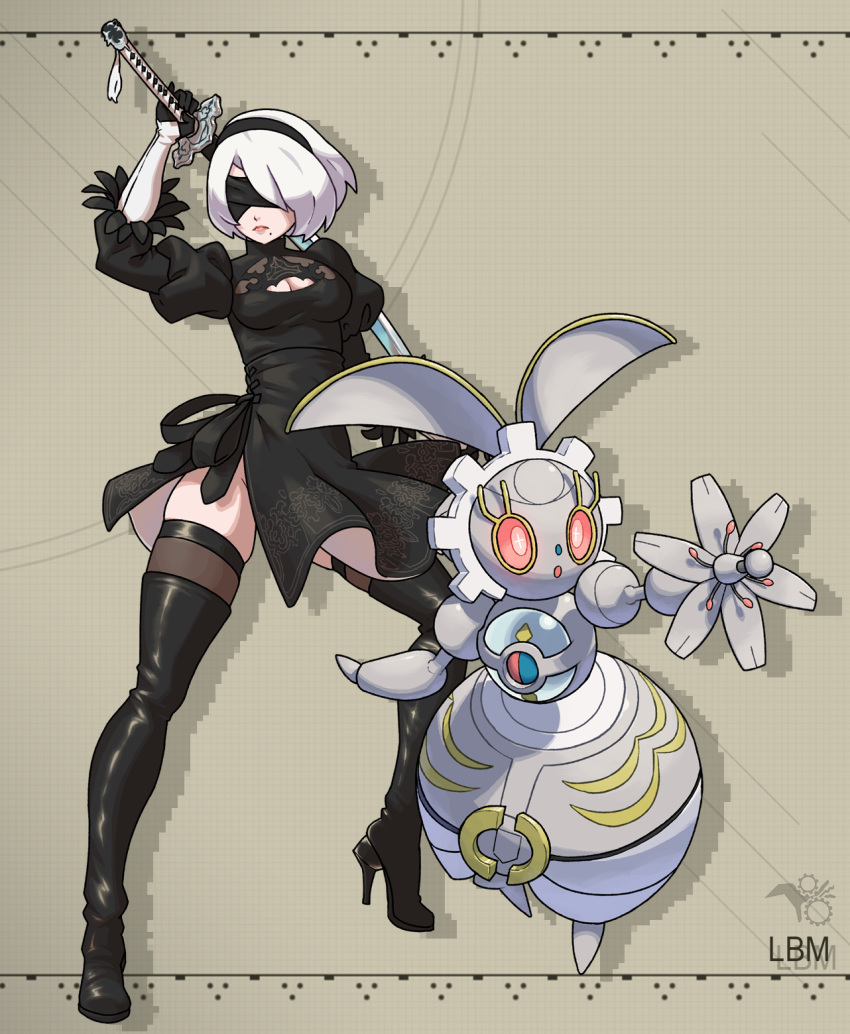 1girl android arm_up black_blindfold black_dress black_gloves black_hairband black_legwear blindfold boots breasts brown_background cleavage_cutout creatures_(company) dress game_freak gen_7_pokemon gloves hairband high_heel_boots high_heels highres juliet_sleeves long_sleeves magearna medium_breasts metalmorag mole mole_under_mouth nier_(series) nier_automata nintendo pokemon pokemon_(creature) puffy_sleeves short_hair skindentation solo standing sword thigh-highs thigh_boots thigh_strap weapon white_hair yorha_no._2_type_b