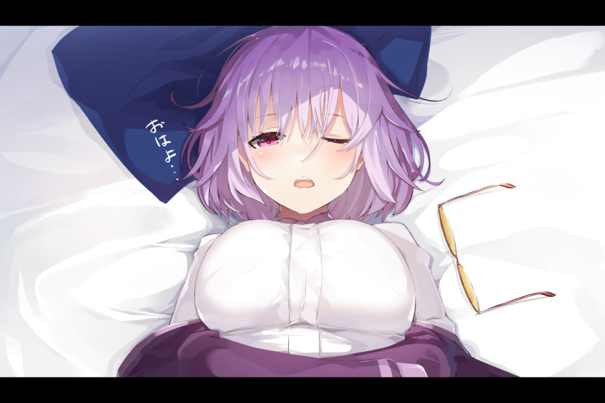 1girl bed_sheet blue_pillow blush bow bowtie breasts commentary_request eyebrows_visible_through_hair eyewear_removed hair_between_eyes large_breasts looking_at_viewer lying meth_(emethmeth) on_back one_eye_closed open_mouth pillow pink_eyes purple_hair purple_neckwear shinjou_akane shirt short_hair solo ssss.gridman white_shirt