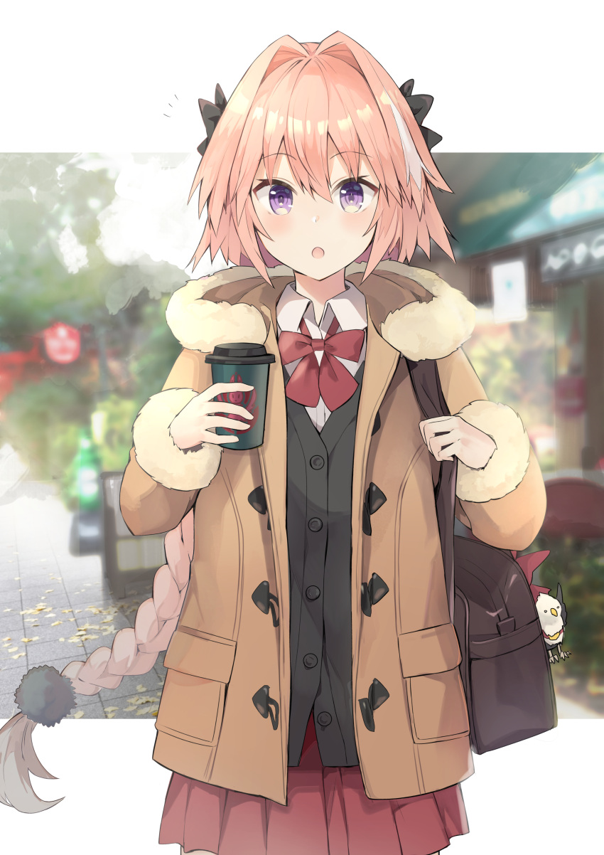 1boy absurdres astolfo_(fate) bag black_bow black_jacket blush bow braid brown_coat coat coffee coffee_cup commentary_request cup disposable_cup fang fate/apocrypha fate_(series) fur_coat fur_trim hair_intakes highres hippogriff jacket kusumoto_touka long_braid looking_at_viewer male_focus messenger_bag multicolored_hair open_mouth otoko_no_ko pink_hair red_bow red_skirt shirt shoulder_bag single_braid skirt solo streaked_hair violet_eyes white_shirt