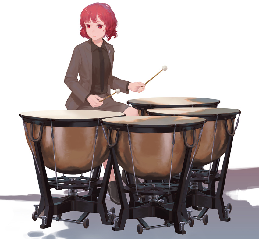 1girl alternate_costume black_footwear black_neckwear brown_jacket brown_shirt collared_shirt dress_shirt drum drum_set drumsticks formal holding holding_drumsticks horikawa_raiko instrument jacket jq long_sleeves looking_at_viewer miniskirt necktie red_eyes redhead shirt shoes short_hair simple_background sitting skirt smile solo timpani touhou white_background wing_collar