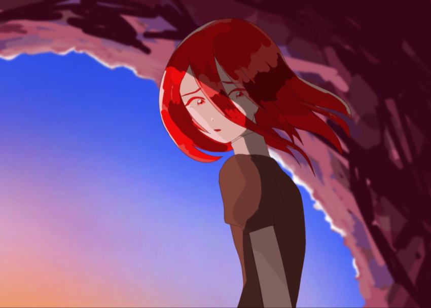 1other androgynous blurry blurry_background cave colored_eyelashes gem_uniform_(houseki_no_kuni) hair_between_eyes highres houseki_no_kuni long_bangs looking_at_viewer looking_back red_eyes redhead shinsha_(houseki_no_kuni) short_hair solo sone_(sazikiri0302) upper_body white_skin worried