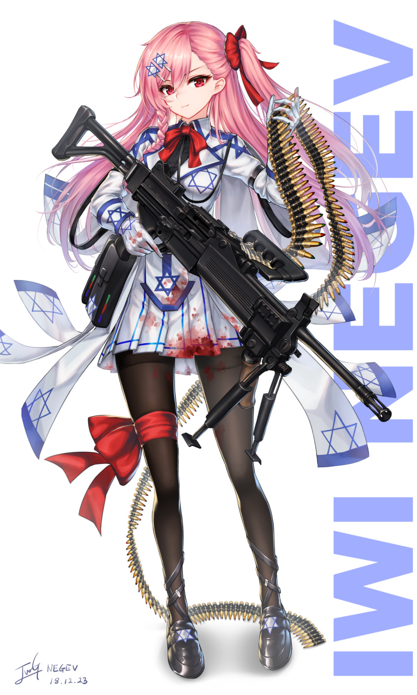 1girl ammunition_belt ankle_strap arm_strap baek_hyang bangs black_footwear black_legwear blood bloody_clothes blush bow braid breasts character_name collared_shirt dated eyebrows_visible_through_hair full_body girls_frontline gloves grey_shirt gun hair_between_eyes hair_bow hair_ornament hair_ribbon hairclip hexagram highres holding holding_gun holding_weapon imi_negev israel leg_ribbon loafers long_hair long_sleeves looking_at_viewer machine_gun medium_breasts neck_ribbon negev_(girls_frontline) one_side_up pantyhose pink_hair pouch red_bow red_eyes red_ribbon ribbon shirt shoes sidelocks signature simple_background skirt smile solo standing star_of_david thighband_pantyhose trigger_discipline weapon white_background white_gloves white_skirt