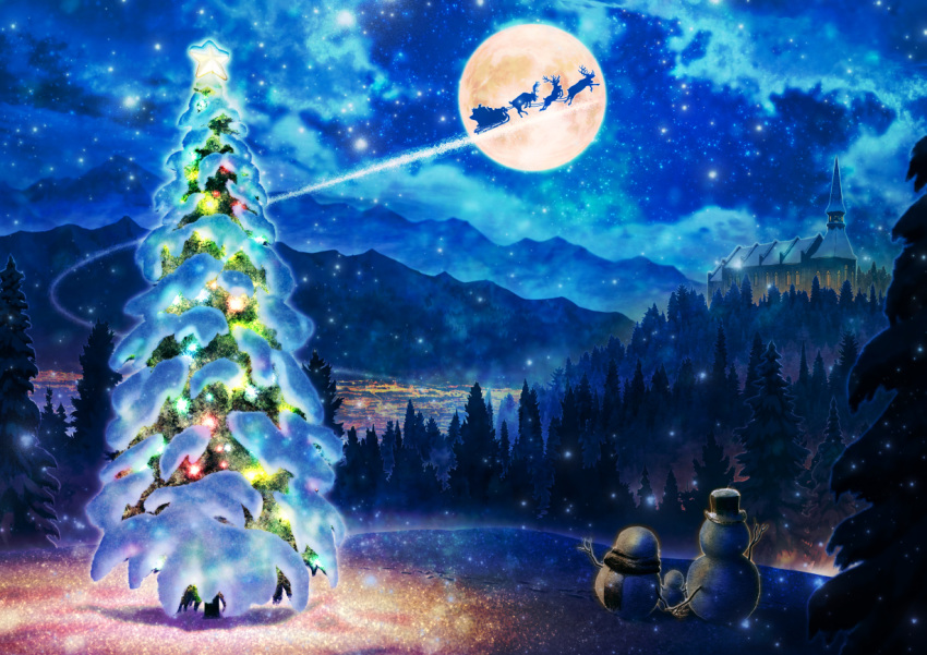 castle christmas christmas_ornaments christmas_tree city_lights clouds cloudy_sky commentary_request forest from_behind kun52 mountain nature night night_sky no_humans original outdoors reindeer santa_claus scenery sky snow snowflakes snowing snowman star_(sky) starry_sky winter