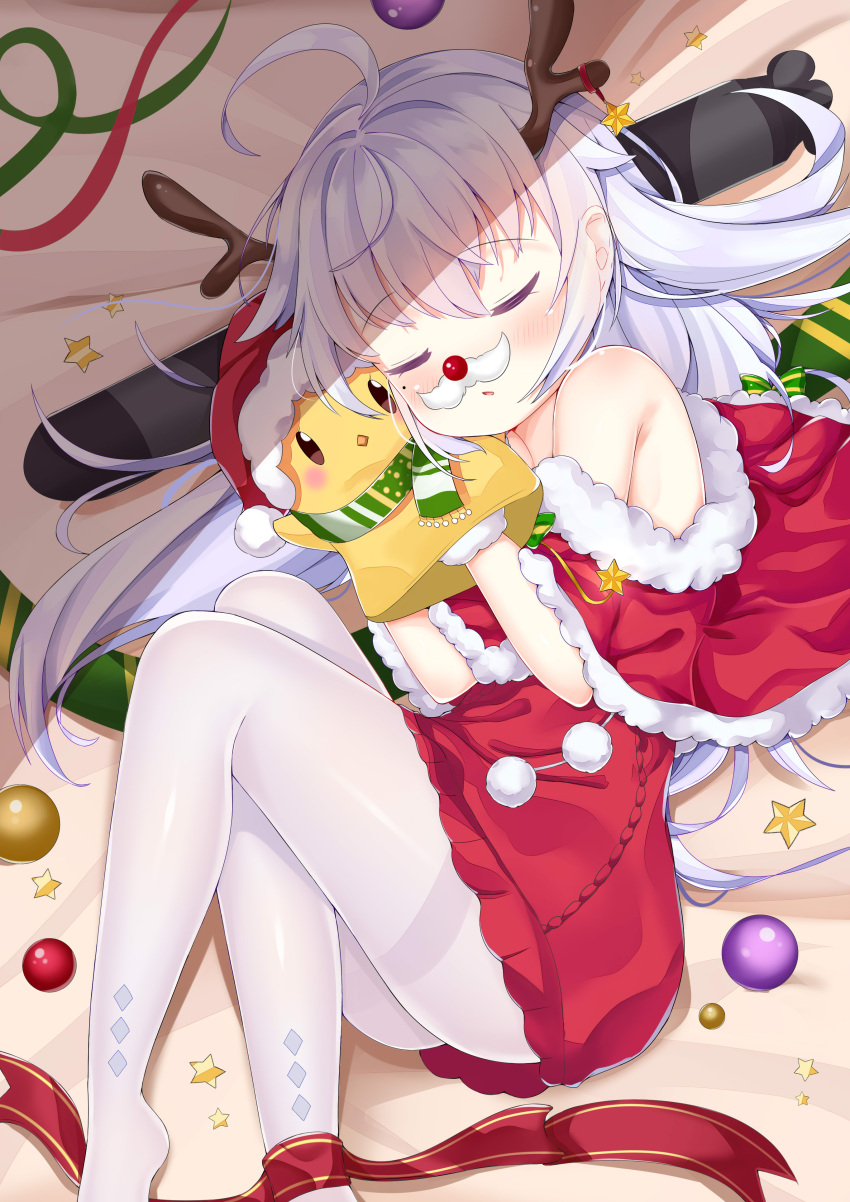 1girl absurdres ahoge antlers azur_lane bangs bare_shoulders blush capelet christmas christmas_ornaments closed_eyes dress eyebrows_visible_through_hair facing_viewer fake_antlers fake_facial_hair fake_mustache feet_out_of_frame fur-trimmed_capelet fur-trimmed_hat fur_trim green_scarf hair_between_eyes hand_puppet hands_up hat highres ju_(a793391187) long_hair lying nicholas_(azur_lane) no_shoes on_side pantyhose parted_lips puppet red_capelet red_dress red_hat red_nose red_ribbon reindeer_antlers ribbon santa_costume santa_hat scarf silver_hair solo star sweater sweater_dress thighband_pantyhose torpedo very_long_hair white_legwear