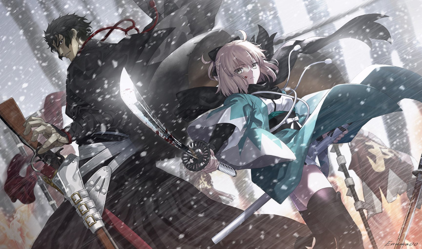 1boy 1girl ahoge aora bangs battlefield belt black_bow black_cape black_hair black_scarf blonde_hair blood blood_on_face bow cape closed_mouth commentary_request eyebrows_visible_through_hair falling_snow fate/grand_order fate_(series) flag gun hair_bow haori highres hijikata_toshizou_(fate/grand_order) holding holding_sheath holding_sword holding_weapon japanese_clothes katana kimono looking_at_viewer obi okita_souji_(fate) okita_souji_(fate)_(all) rifle sash scarf sheath shinsengumi short_hair short_kimono silver_hair sleeveless sleeveless_kimono snow snowing sword thigh-highs weapon white_kimono