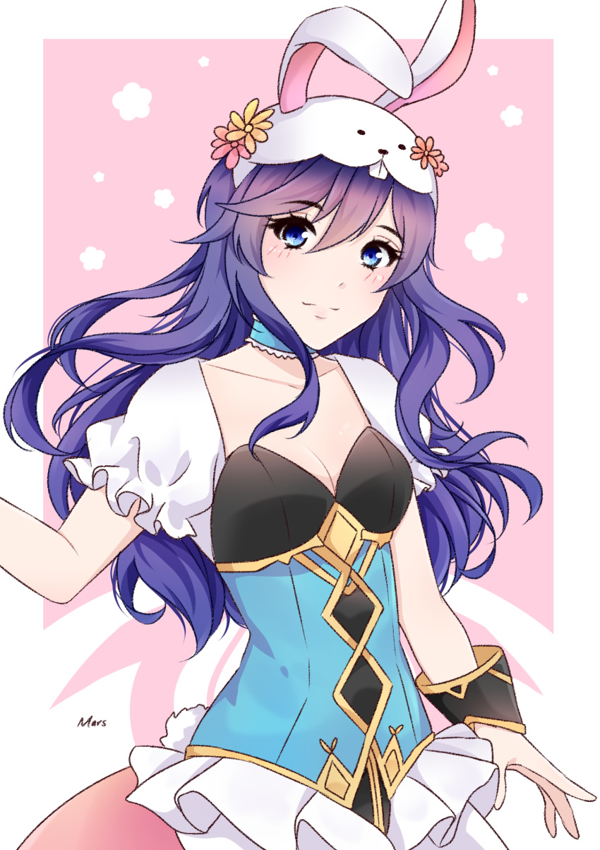 1girl animal_ears animal_hat blue_eyes blush breasts bunny_hat choker cleavage collarbone eyebrows_visible_through_hair fake_animal_ears fire_emblem fire_emblem:_kakusei hair_between_eyes hat highres long_hair looking_at_viewer lucina mars_(tsukimqru) nintendo purple_hair rabbit_ears short_sleeves small_breasts smile solo standing very_long_hair wrist_cuffs