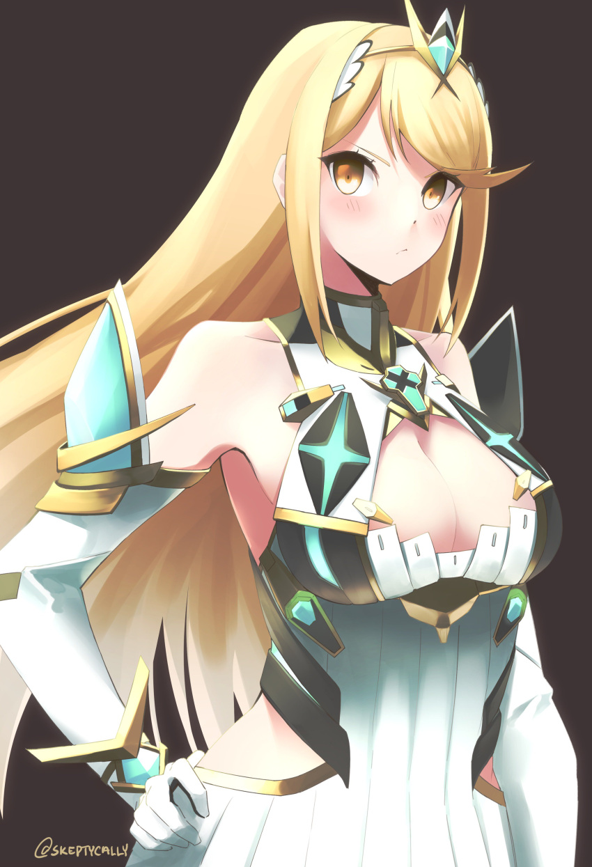 1girl absurdres back blonde_hair blush breasts dress highres large_breasts long_hair mythra_(xenoblade) nintendo pose simple_background skeptycally white_dress xenoblade_(series) xenoblade_2 yellow_eyes