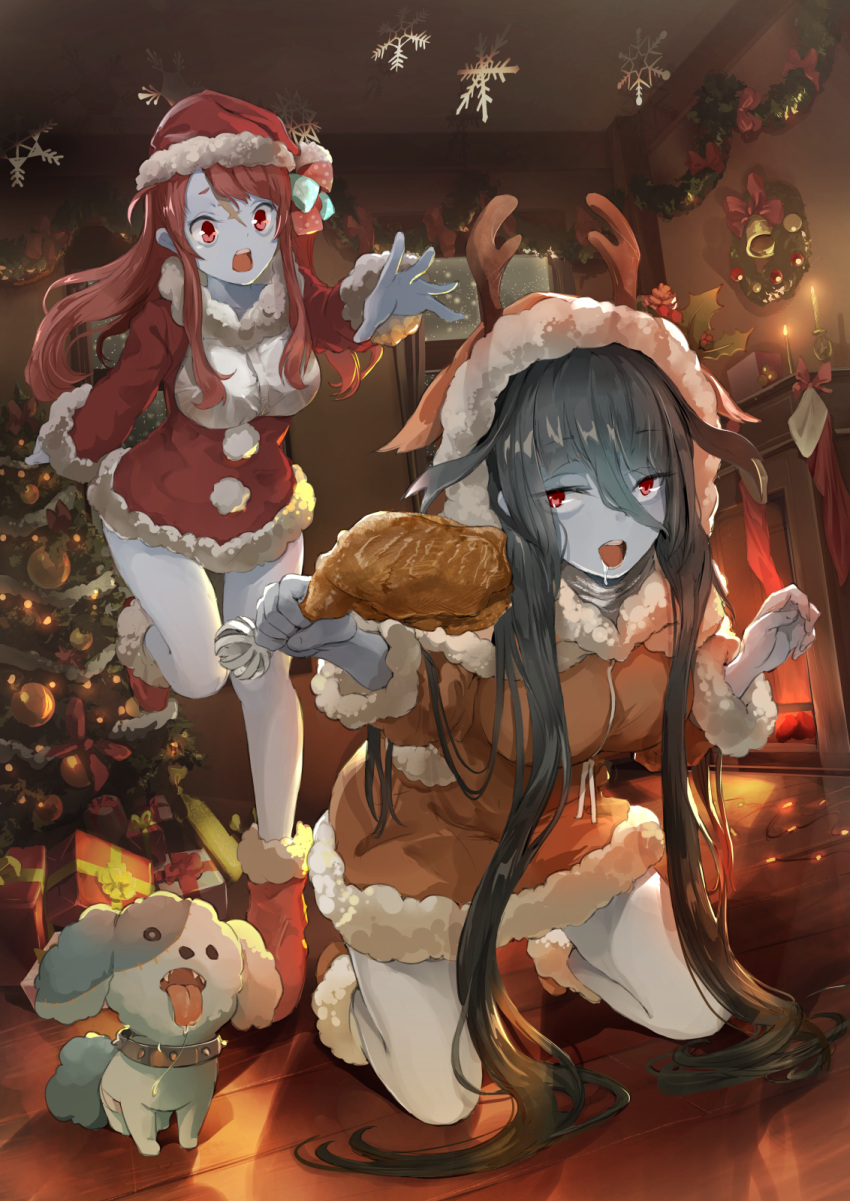 2girls ahoge animal_costume antlers aqua_sau black_hair blue_skin bow breasts candle chicken_(food) chicken_leg christmas christmas_tree collar dog drooling fire fireplace food forehead_scar fur_trim gift hair_ornament hat highres large_breasts long_hair minamoto_sakura multiple_girls open_mouth polka_dot polka_dot_bow red_eyes redhead reindeer_antlers reindeer_costume romero_(zombie_land_saga) santa_costume santa_hat snowflakes snowing spiked_collar spikes stitches very_long_hair window yamada_tae zombie zombie_land_saga