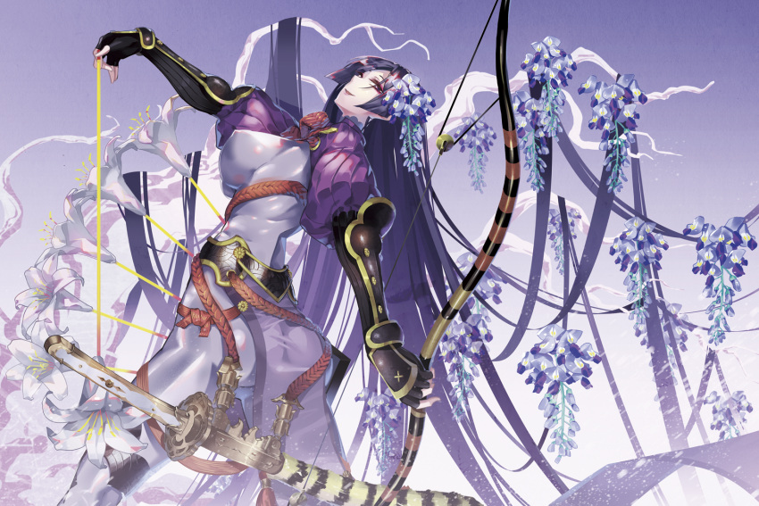 1girl animal_print arm_guards ass bangs black_gloves bodysuit bow_(weapon) breasts commentary_request curvy erect_nipples fate/grand_order fate_(series) fingerless_gloves flower gloves hair_flower hair_ornament holding holding_bow_(weapon) holding_weapon large_breasts loincloth long_hair looking_back minamoto_no_raikou_(fate/grand_order) parted_bangs pelvic_curtain purple_background purple_bodysuit purple_hair ribbed_sleeves rope standing sword sword_behind_back tabard tiger_print tsurukame very_long_hair violet_eyes weapon