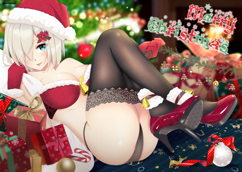 1girl ass bell black_legwear black_panties blurry blurry_background bra breasts christmas christmas_lights christmas_ornaments christmas_tree cleavage fireplace full_body fur_trim gift gloves hair_ornament hair_over_one_eye hairclip hamakaze_(kantai_collection) hat high_heels highres kantai_collection large_breasts looking_at_viewer merry_christmas mimamui panties red_bra red_footwear red_gloves santa_bra santa_hat shoes short_hair silver_hair sitting smile solo tongue tongue_out underwear
