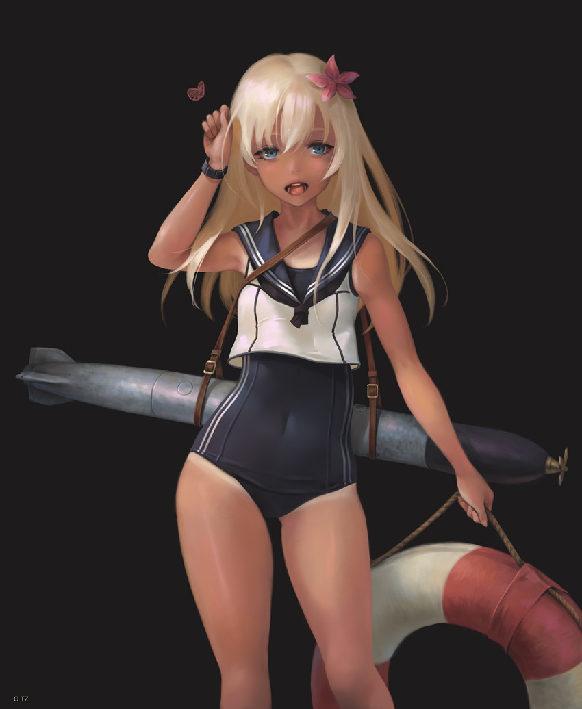 1girl black_background black_sailor_collar black_swimsuit blonde_hair blue_eyes bracelet commentary contrapposto covered_navel crop_top feet_out_of_frame flower g-tz hair_flower hair_ornament highres jewelry kantai_collection lifebuoy long_hair one-piece_swimsuit one-piece_tan open_mouth ro-500_(kantai_collection) sailor_collar school_swimsuit school_uniform serafuku simple_background solo swimsuit swimsuit_under_clothes tan tanline torpedo