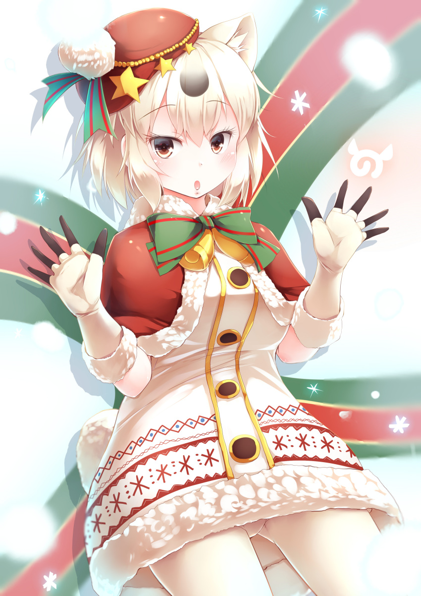 1girl :o absurdres animal_ear_fluff animal_ears bear_tail bell brown_eyes capelet coat commentary_request extra_ears eyebrows_visible_through_hair fur-trimmed_capelet fur-trimmed_coat fur-trimmed_gloves fur_trim gloves hair_between_eyes hands_up hat highres japari_symbol kanzakietc kemono_friends looking_at_viewer panties pantyshot polar_bear_(kemono_friends) pom_pom_(clothes) red_capelet red_hat short_hair solo tail underwear white_hair white_panties