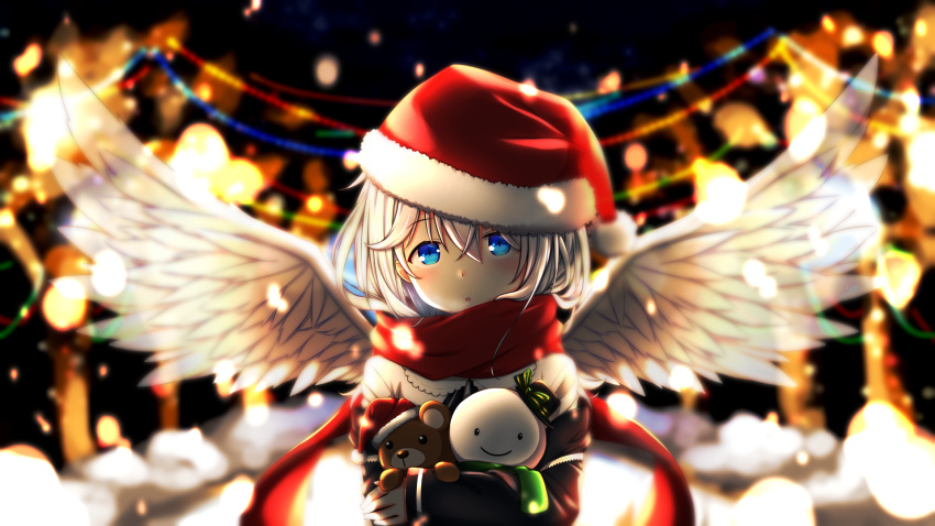 1girl :o angel angel_wings aoi_thomas bangs black_hat black_shirt blue_eyes blurry blurry_background breath christmas commentary_request depth_of_field eyebrows_visible_through_hair feathered_wings fur-trimmed_hat hair_between_eyes hat head_tilt highres long_sleeves looking_at_viewer mini_hat mini_top_hat night night_sky object_hug original outdoors parted_lips red_hat red_scarf santa_hat scarf shirt silver_hair sky sleeves_past_wrists solo stuffed_animal stuffed_toy teddy_bear tilted_headwear top_hat transparent_wings upper_body white_wings wings