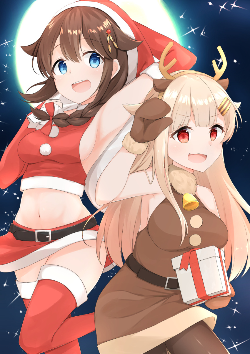 alternate_costume animal_costume animal_ears belt blonde_hair blue_eyes blush boots braid breasts brown_hair brown_legwear christmas deer_ears dress elbow_gloves fake_horns fur_trim gloves gradient_hair hair_flaps hair_ornament hair_over_shoulder hairclip hat highres kantai_collection long_hair looking_at_viewer medium_breasts messy_hair moon multicolored_hair night night_sky open_mouth pantyhose red_eyes red_gloves red_legwear sakikumo_(sakumo) santa_boots santa_costume santa_gloves santa_hat shigure_(kantai_collection) sky smile straight_hair thigh-highs yuudachi_(kantai_collection)