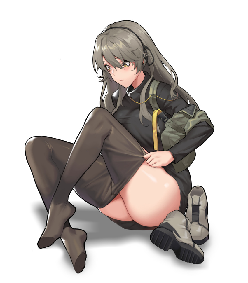 +_+ 1girl adjusting_clothes ass backpack bag commentary full_body girls_frontline grey_hair hair_between_eyes hair_ribbon hairband highres jacket legs_crossed long_hair mimyo pantyhose pantyhose_pull ribbon shoes shoes_removed simple_background sitting solo star star-shaped_pupils sweater symbol-shaped_pupils turtleneck turtleneck_sweater ump40_(girls_frontline) yellow_eyes zipper