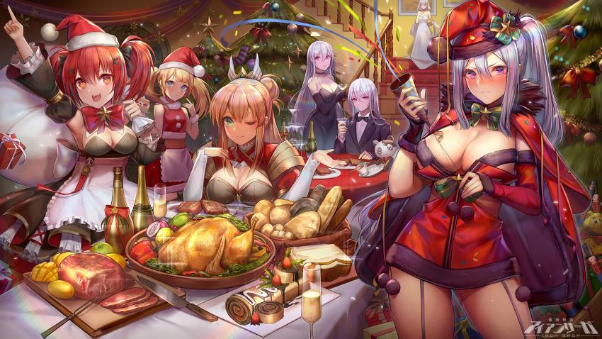 6+girls alcohol alsael_(iron_saga) alternate_costume ann_(iron_saga) apple apron arm_up armpits baguette bangs black_dress black_gloves black_jacket black_neckwear blonde_hair blue_eyes blush bottle bow bowtie bread breasts cape champagne_flute character_request choker christmas christmas_lights christmas_ornaments christmas_tree cleavage cleavage_cutout closed_mouth confetti crop_top cup detached_sleeves dress drinking_glass food fork fruit fur-trimmed_cape fur-trimmed_crop_top fur-trimmed_dress fur-trimmed_gloves fur_trim garter_straps gloves green_eyes gurumi_(iron_saga) hair_between_eyes hair_ornament hair_ribbon hairclip halter_dress hat highres holding holding_cup holding_sack indoors iron_saga jacket kirastar_(iron_saga) knife large_breasts logo long_hair long_sleeves looking_at_viewer mango medium_breasts multiple_girls official_art onion open_mouth pale_skin parted_lips party_popper plate pom_pom_(clothes) ponytail pork purple_hair red_cape red_dress red_eyes redhead ribbon sack santa_costume santa_hat shawl shirt sidelocks silver_hair skirt sleeveless small_breasts smile sparkle spill stairs star star-shaped_pupils steak stuffed_toy symbol-shaped_pupils table trista_(iron_saga) turkey twintails violet_eyes waist_apron white_dress white_shirt zjsstc