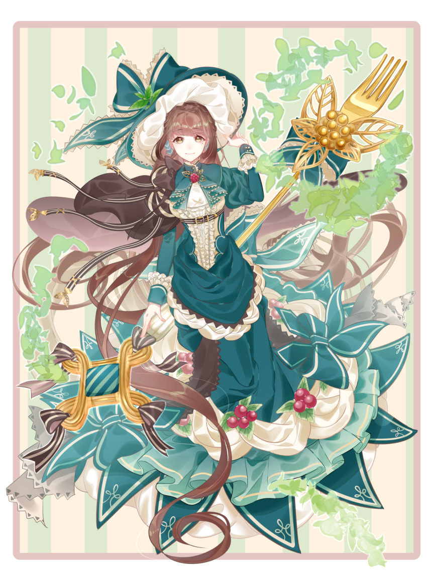 1girl bow braid brown_bow brown_eyes brown_hair criac dress food_fantasy fork frills full_body green_dress hand_on_headwear hat hat_bow highres long_hair looking_at_viewer mint oversized_object personification solo standing striped striped_background tiramisu