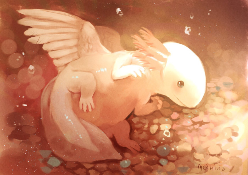 air_bubble axolotl bubble closed_mouth commentary_request looking_at_viewer manino_(mofuritaionaka) multiple_wings no_humans original pink signature underwater wings