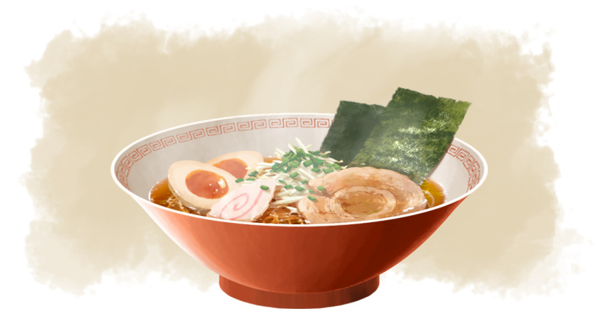 bowl brown_background egg food hard-boiled_egg kamaboko meandros mocha_(cotton) narutomaki no_humans noodles nori_(seaweed) original ramen still_life two-tone_background white_background