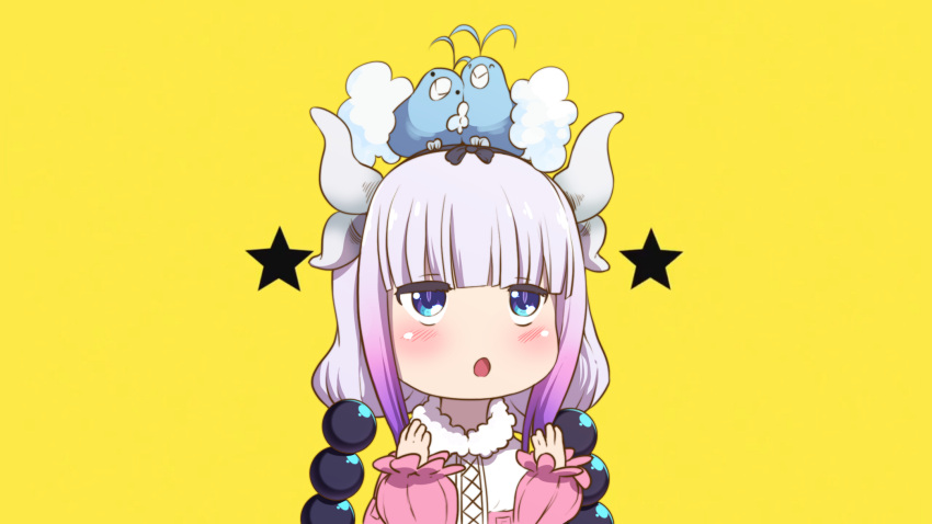 1girl :o animal animal_on_head bangs bird bird_on_head blue_eyes blunt_bangs blush creatures_(company) dragon_horns game_freak gen_3_pokemon hair_ornament hands_up highres horns kanna_kamui kobayashi-san_chi_no_maidragon lavender_hair long_hair looking_at_viewer low_twintails metalmorag nintendo on_head pokemon simple_background star swablu twintails upper_body yellow_background