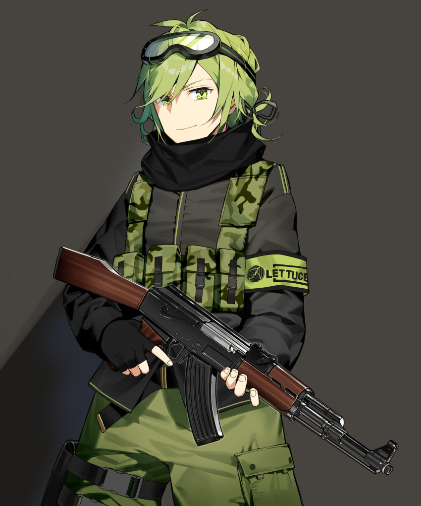 1boy ak-47 armband assault_rifle black_gloves black_scarf closed_mouth commentary fingerless_gloves gloves goggles goggles_on_head green_eyes green_hair green_pants grey_background gun hair_ribbon hayate_godspeed highres holding holding_gun holding_weapon iriam leg_strap looking_at_viewer male_focus misoni_comi pants pouch ribbon rifle scarf simple_background smile solo standing symbol_commentary vest weapon