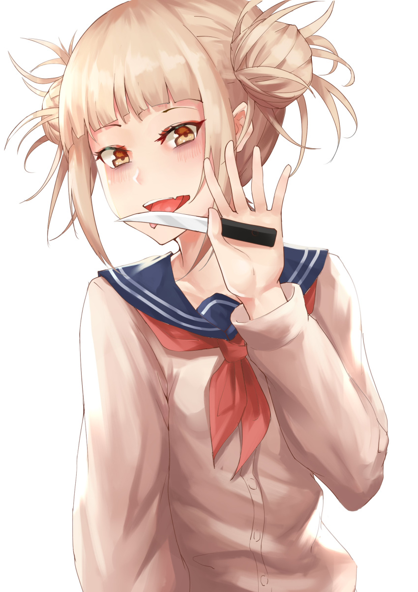 1girl :d absurdres bangs blonde_hair blue_sailor_collar blunt_bangs boku_no_hero_academia brown_eyes double_bun highres holding holding_knife knife knife_licking licking looking_at_viewer madao neckerchief open_mouth red_neckwear sailor_collar school_uniform shiny shiny_hair sidelocks simple_background smile solo tied_hair toga_himiko tongue tongue_out upper_body white_background white_cardigan