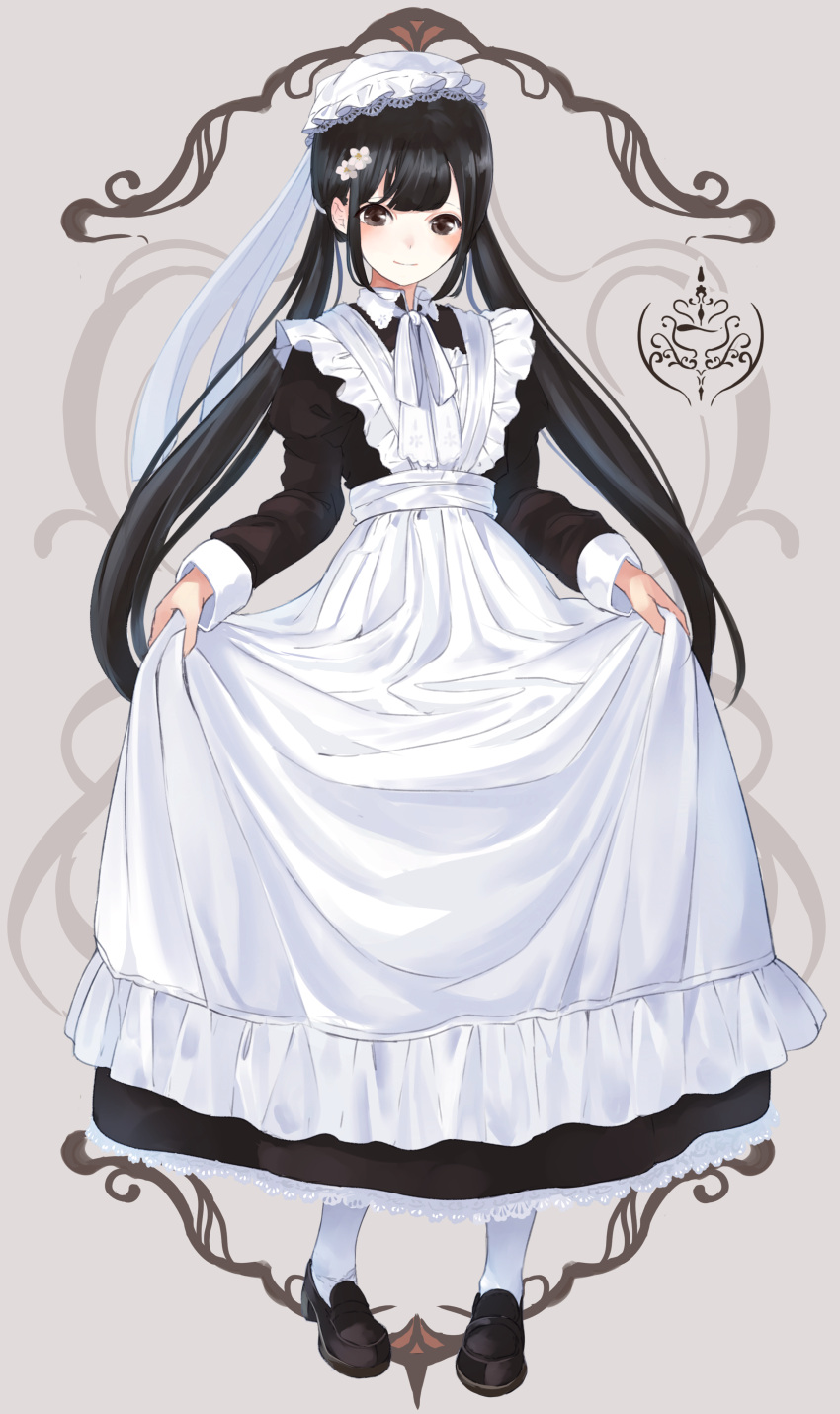 1girl absurdres apron apron_hold black_dress black_footwear black_hair brown_background brown_eyes closed_mouth commentary_request dress flower frilled_apron frills full_body hair_flower hair_ornament hat highres lace lace-trimmed_dress loafers long_hair long_sleeves low_twintails maid maid_apron original pantyhose shii_(kairi-t-k0317) shoes smile solo standing twintails very_long_hair white_apron white_flower white_hat white_legwear