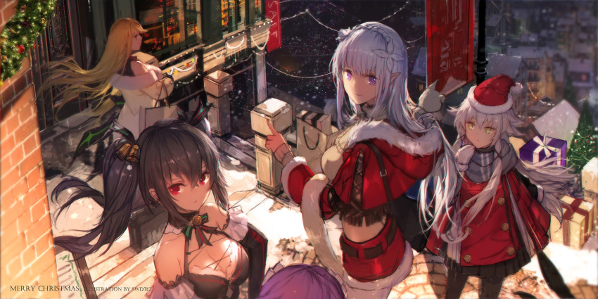 4girls artist_name bag bangs bare_shoulders bell belt black_gloves black_hair black_sleeves blonde_hair box braid breasts brick_wall brown_belt brown_eyes capelet character_request choujigen_game_neptune christmas_lights cityscape cleavage coat commentary crossover crown_braid detached_sleeves dress emilia_(re:zero) eyebrows_visible_through_hair fur-trimmed_coat fur-trimmed_hat fur-trimmed_hood fur-trimmed_skirt fur_trim gift gift_box gloves hair_bell hair_between_eyes hair_ornament hat highres mythra_(xenoblade) hood hood_down hooded_capelet long_hair long_sleeves medium_breasts merry_christmas midriff mittens multiple_crossover multiple_girls neptune_(series) nintendo noire off_shoulder outdoors paper_bag pleated_dress pointing pointy_ears purple_hair re:zero_kara_hajimeru_isekai_seikatsu red_capelet red_dress red_eyes red_hat red_skirt santa_costume santa_hat sen_no_kiseki_4 shopping_bag sidelocks silver_hair skirt sleeves_past_wrists stairs stone_stairs swd3e2 twintails very_long_hair violet_eyes white_coat white_mittens xenoblade_(series) xenoblade_2