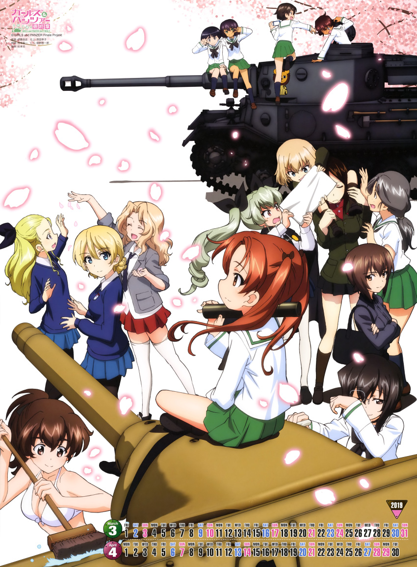 :d absurdres anchovy angry anzio_school_uniform assam bag bangs bikini bikini_top blonde_hair blue_eyes breast_hold breasts broom brown_eyes brown_hair calendar_(medium) cape carrying cherry_blossoms cleaning cleavage closed_eyes closed_mouth collared_shirt crying darjeeling diploma eyebrows_visible_through_hair fighting girls_und_panzer glasses graduation green_hair ground_vehicle hair_ribbon hand_on_own_face highres holding hoshino_(girls_und_panzer) itou_takeshi kadotani_anzu katyusha kawashima_momo kay_(girls_und_panzer) koyama_yuzu large_breasts military military_vehicle motor_vehicle multiple_girls nakajima_(girls_und_panzer) necktie nishizumi_maho nonna official_art ooarai_school_uniform open_mouth pantyhose panzerkampfwagen_38(t) piggyback piyotan pleated_skirt pravda_school_uniform pulling ribbon saunders_school_uniform school_uniform serafuku shirt shoes shoulder_bag sitting skirt smile sono_midoriko st._gloriana's_school_uniform standing suzuki_(girls_und_panzer) sweater swimsuit tank tank_destroyer tank_gun tank_turret tears thigh-highs tiger_i tree tree_branch uniform v white_background white_bikini wiping_face wiping_tears