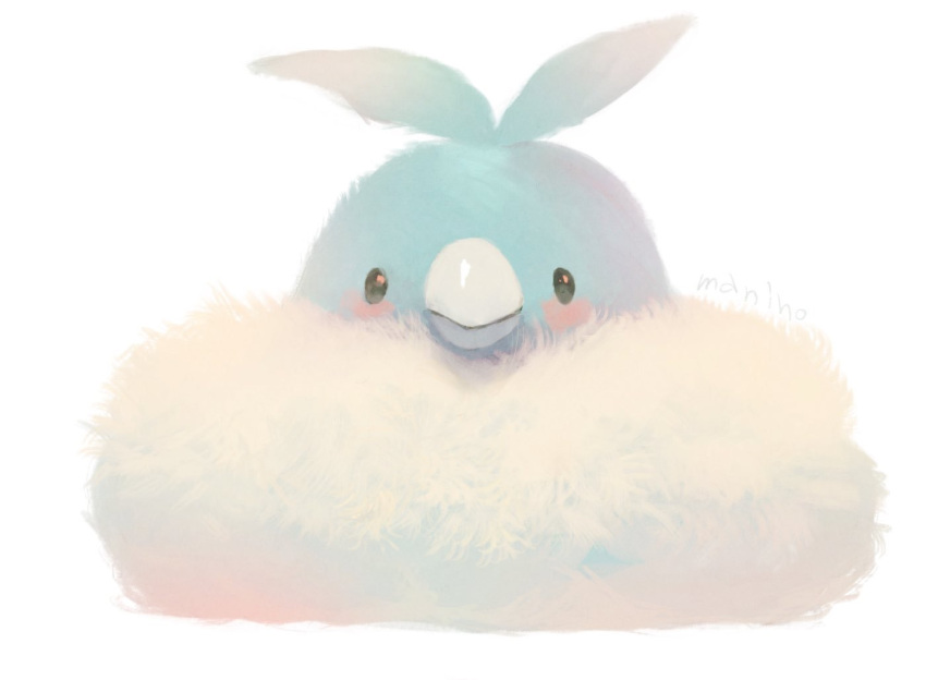 blush commentary_request creatures_(company) fluffy full_body game_freak gen_3_pokemon looking_at_viewer manino_(mofuritaionaka) nintendo no_humans pokemon pokemon_(creature) signature simple_background swablu white_background