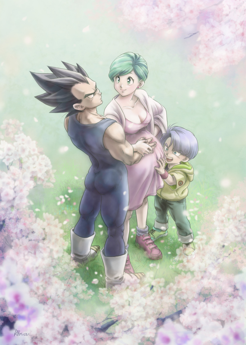1girl 2boys absurdres black_hair blue_eyes breasts bulma cherry_blossoms child cleavage collarbone dragon_ball dragonball_z dress earrings eye_contact family from_above grass green_eyes green_hair hand_on_another's_stomach highres hood hoodie jewelry looking_at_another looking_up multiple_boys outdoors pregnant shawl shoes short_hair signature sneakers spiky_hair spring_(season) stud_earrings trunks_(dragon_ball) uirina vegeta