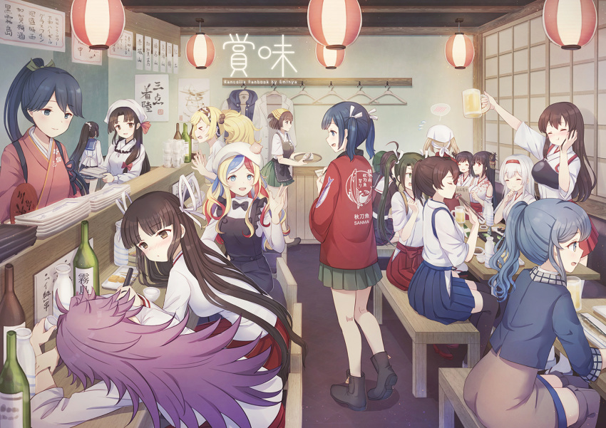 &gt;_&lt; 6+girls :d ^_^ ^o^ ahoge akagi_(kantai_collection) alcohol alternate_costume bare_shoulders beer beer_mug beret black_dress black_eyes black_footwear black_hair black_legwear black_serafuku black_skirt blonde_hair blue_eyes blue_hair blue_hakama blush boots bottle brown_eyes brown_hair chopsticks closed_eyes closed_eyes clothes_writing commandant_teste_(kantai_collection) cup detached_sleeves dress emia_wang eyebrows_visible_through_hair fan fish floral_print flying_sweatdrops food fusou_(kantai_collection) gambier_bay_(kantai_collection) gotland_(kantai_collection) green_eyes green_hair green_hakama grey_footwear hair_flaps hair_ornament hakama hakama_skirt happi hat headband headdress hiryuu_(kantai_collection) hiyou_(kantai_collection) holding holding_chopsticks holding_cup holding_tray houshou_(kantai_collection) isokaze_(kantai_collection) jacket japanese_clothes jun'you_(kantai_collection) kaga_(kantai_collection) kantai_collection kappougi kimono long_hair long_sleeves michishio_(kantai_collection) mogami_(kantai_collection) multiple_girls muneate one_side_up open_mouth paper_fan pink_kimono pleated_skirt ponytail purple_hair red_eyes red_hakama red_headband redhead remodel_(kantai_collection) sake_bottle school_uniform serafuku shigure_(kantai_collection) shirt short_hair short_sleeves shouhou_(kantai_collection) shoukaku_(kantai_collection) side_ponytail single_thighhigh sitting skirt smile souryuu_(kantai_collection) spiky_hair spoken_blush standing sushi tasuki tears thigh-highs thigh_boots tray twintails uchiwa white_hair white_hat white_jacket white_legwear white_shirt yamashiro_(kantai_collection) zuikaku_(kantai_collection)