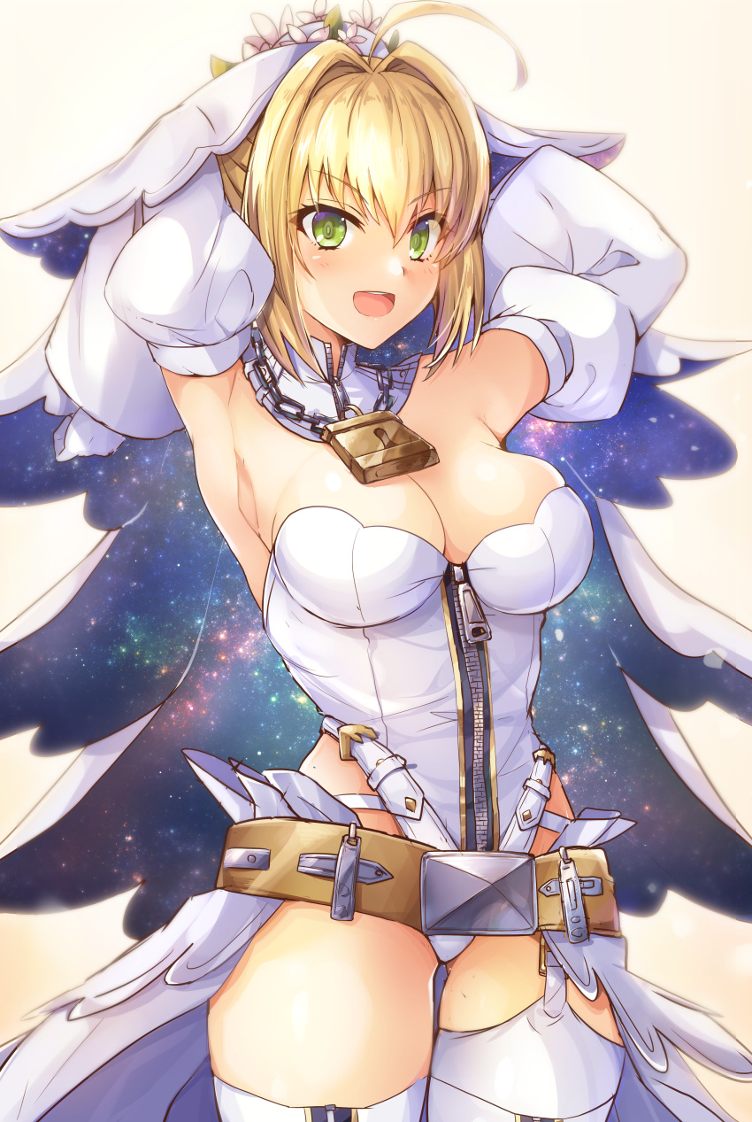 1girl absurdres ahoge armpits arms_behind_head bare_shoulders belt blonde_hair bodysuit breasts bridal_veil chains commentary_request cowboy_shot detached_sleeves eyebrows_visible_through_hair fate/extra fate/extra_ccc fate/grand_order fate_(series) full-length_zipper green_eyes hair_intakes head_wreath highres large_breasts leotard lock looking_at_viewer loose_belt nero_claudius_(bride)_(fate) nero_claudius_(fate) nero_claudius_(fate)_(all) padlock samoore showgirl_skirt solo strapless strapless_leotard thigh-highs thigh_gap thighs veil white_bodysuit white_leotard white_sleeves zipper zipper_pull_tab