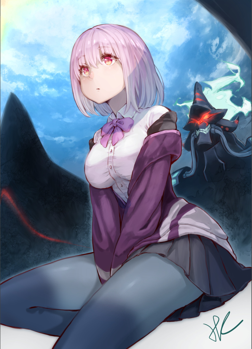 1girl alexis_(ssss.gridman) between_legs black_skirt blue_sky bow bowtie breasts character_request closed_mouth collared_shirt commentary_request day eyebrows_visible_through_hair grey_legwear hair_between_eyes hand_between_legs highres hoshizaki_reita invisible_chair jacket large_breasts mecha off_shoulder outdoors pantyhose pink_hair pink_neckwear pleated_skirt purple_jacket red_eyes shinjou_akane shirt short_hair signature sitting skirt sky solo ssss.gridman white_shirt wing_collar