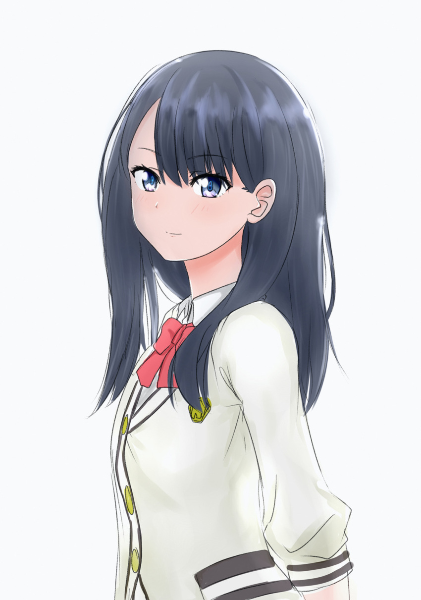 1girl bangs black_hair blue_eyes bow bowtie closed_mouth collared_shirt eyebrows_visible_through_hair from_side grey_background highres jacket long_hair long_sleeves looking_at_viewer looking_to_the_side red_neckwear shirt simple_background smile solo ssss.gridman takarada_rikka viperxtr white_jacket white_shirt wing_collar