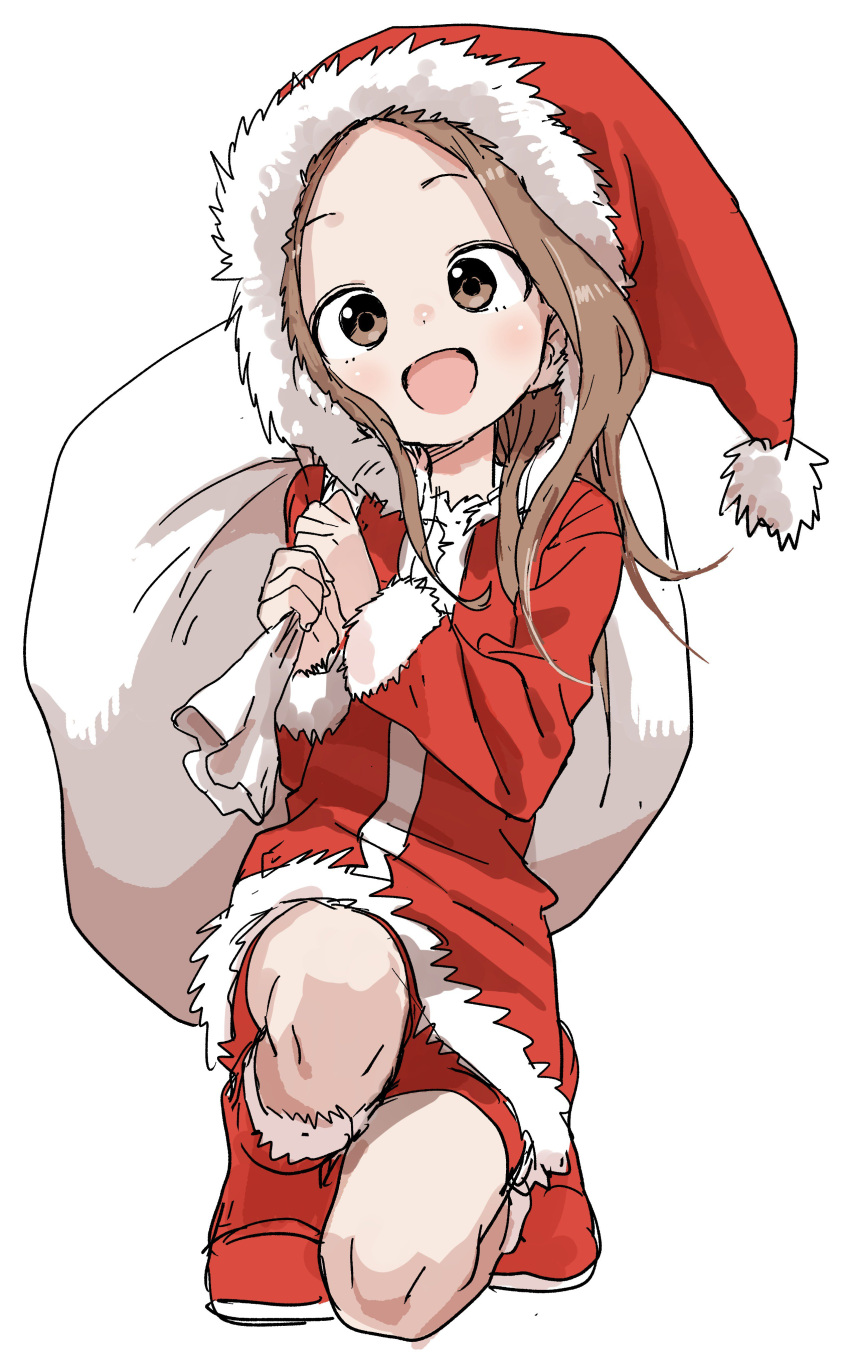 1girl :d absurdres alternate_costume bangs brown_eyes brown_hair carrying carrying_over_shoulder christmas commentary_request dress forehead full_body fur_trim hat highres karakai_jouzu_no_takagi-san long_hair long_sleeves looking_at_viewer one_knee open_mouth parted_bangs red_dress sack santa_costume santa_hat simple_background smile solo takagi-san tareme white_background yamamoto_souichirou